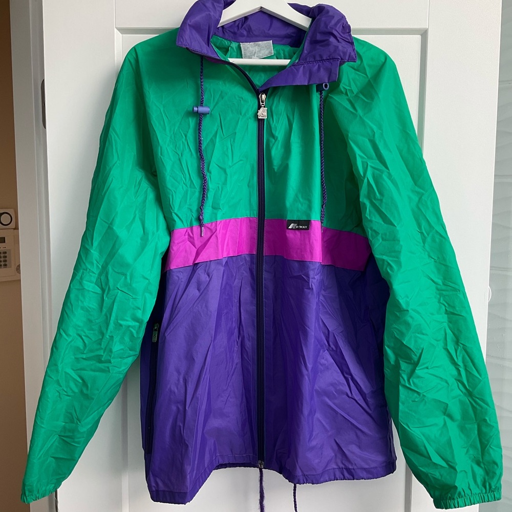 K-Way Green Purple Pink Colorblock Hooded Windbreaker